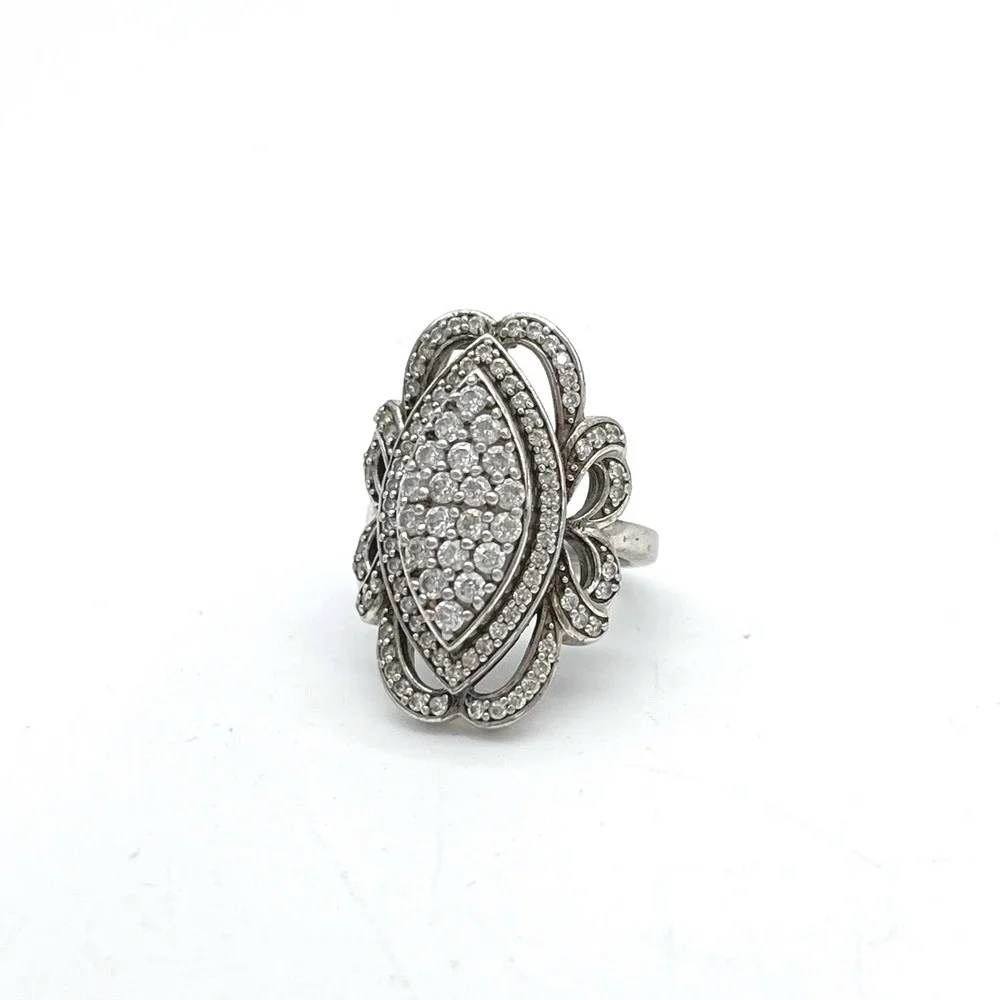 Ornate Marquee Ring Cubic Zirconia Pave Sterling Silver Statement‎ Cocktail Ring